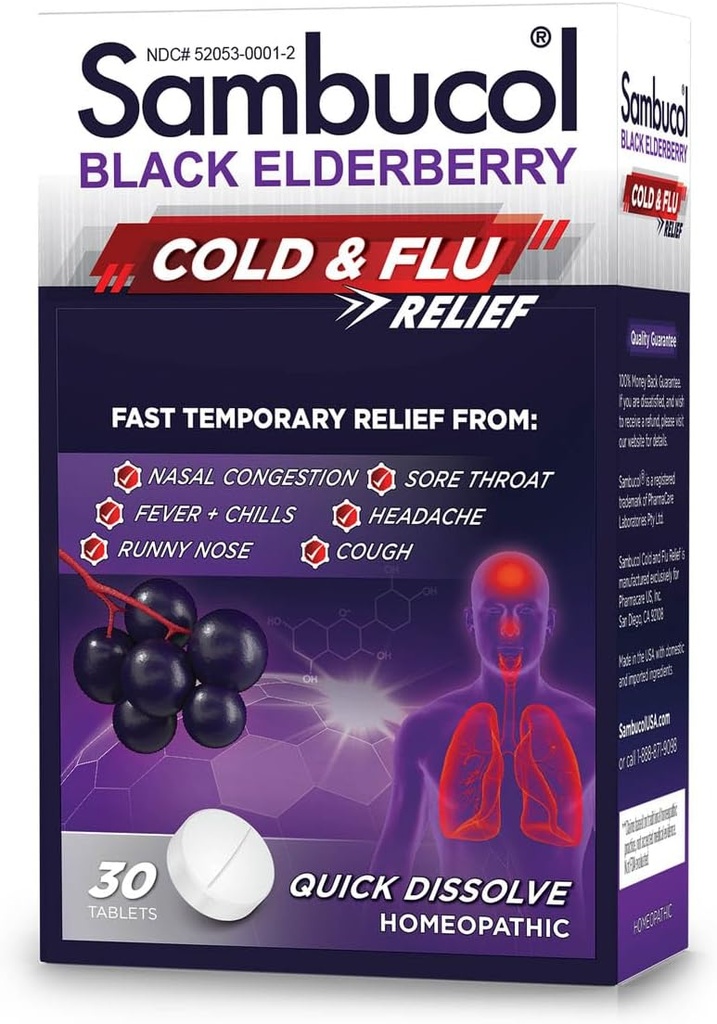 Sambucol Cold and Flu Relief Tablets - Homøopatisk Cold Medicine, Cold Remedy til voksne, Black Elderberry til Colds, Zink Cold Remedy - 30 Greve