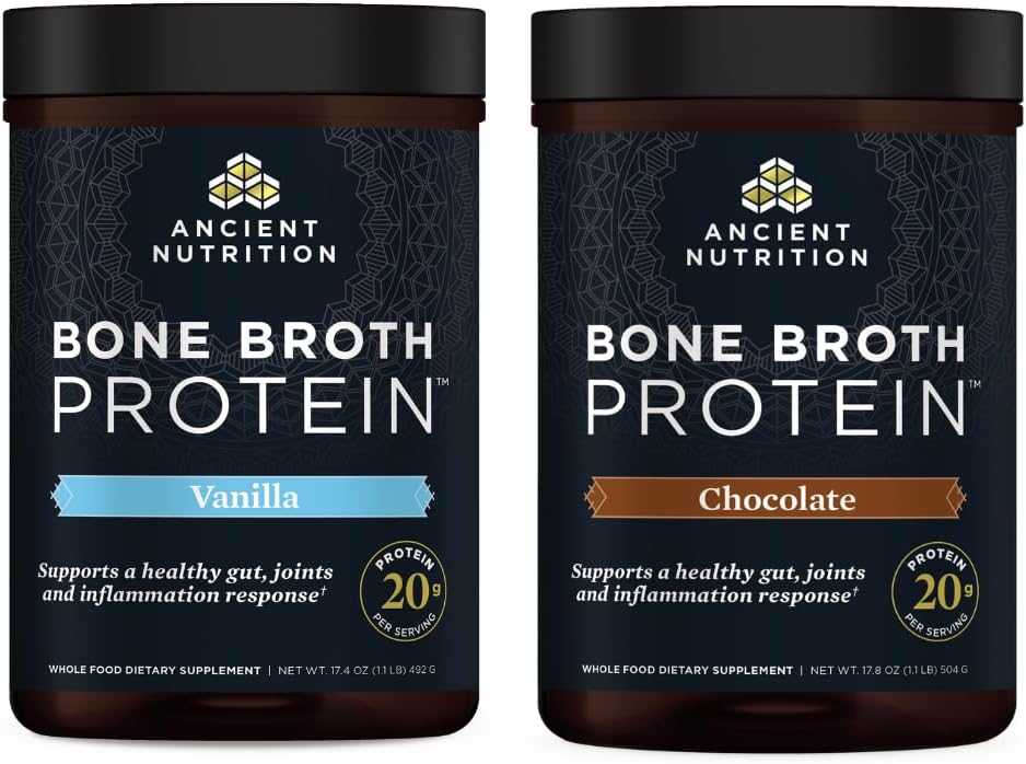 Ancient Nutrition Bone Broth Protein Powder, Vanilla, 20 Servere + Bone Broth Protein Powder, Chokolade, 20 Servere