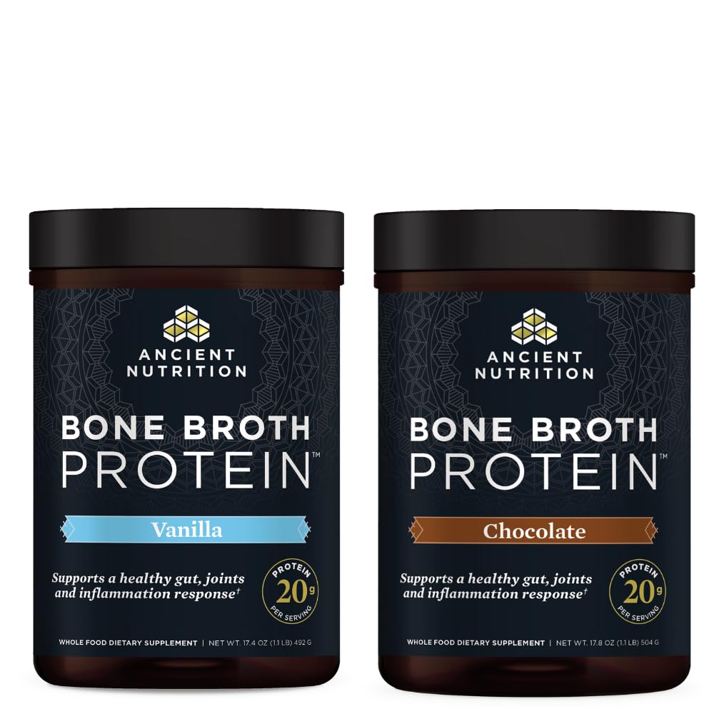 Ancient Nutrition Bone Broth Protein Powder, Vanilla, 20 Servere + Bone Broth Protein Powder, Chokolade, 20 Servere