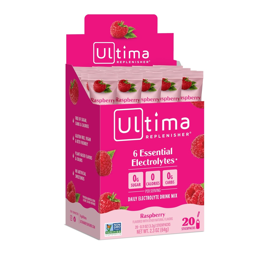 Ultima Replenisher, Electrolyte Hydration Drink Mix, Hindbær, 20 Grev Stickpacks Box - Sukker Free, 0 Kalorier, 0 Carbs - Gluten- Free, Keto, Non- GMO, Vegan