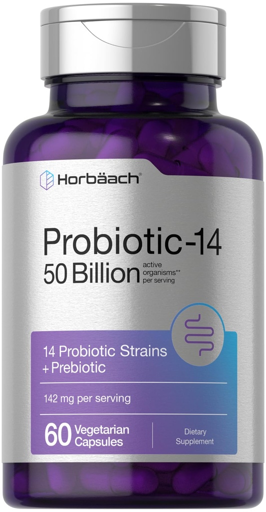 Horbaach Probiotika til kvinder og mænd; 60 kapsler; 124; 14 Probiotiske Probiotiske Strops med Prebiotic