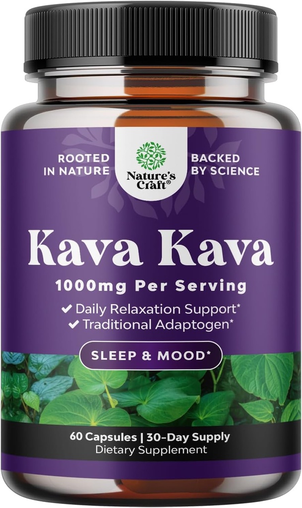 Kava Kava Root Extract Supplement 1000mg - Fast Acting Herbal Support with Kavalactones for Balanced Mood - Relax Calming Capsules for Stress Relief & Better Sleep - 30 Servings