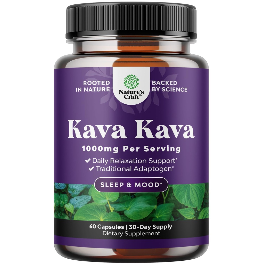 Kava Kava Root Extract Supplement 1000mg - Hurtig fungerende urtestøtte med Kavalactones til Balanced Mood - Slap af med at opspare kapsler til stress Relief & bedre søvn - 30 Serveringer
