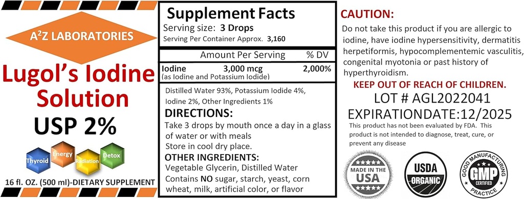 A2Z Organic Lugol 's Jod and Kalium Iodide 2% Solution 3000 mcg - Flydende supplement Drops til thyreoidea støtte til kvinder & mænd, Metabolisme Sundhed, Detox Boost -16 Fl Oz / USA / Skibe i dag! (2 PK)