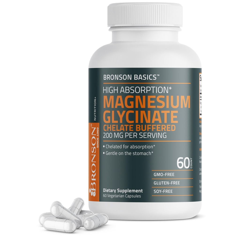 Bronson Magnesium Glycinat 200 mg høj Absorption Chelated Buffered Gentle On the Mave Non- GMO, 60 Vegetariske Kapsler