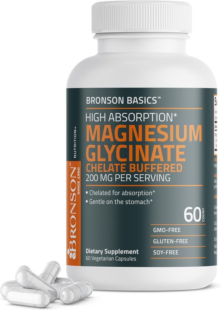 Bronson Magnesium Glycinat 200 mg høj Absorption Chelated Buffered Gentle On the Mave Non- GMO, 60 Vegetariske Kapsler