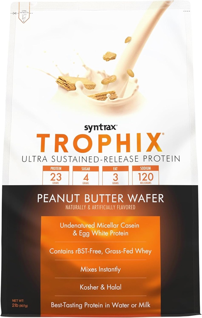 Syntrax Nutrition Trophix, Ultra Sustained- release Protein Powder Blend, Peanut Butter Wafer 2 lbs, Real Wafer Pieces