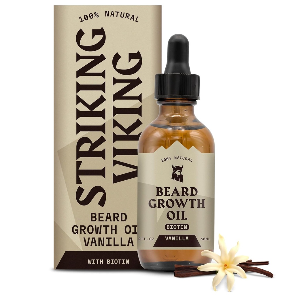 Striking Viking Beard Growth Oil with Biotin - 2 Fl Oz, Vanilla - Thickening, Conditioning Biotin Beard Oil Serum for mænd med Argan & Jojoba - Ansigtshårvækst Serum for mænd
