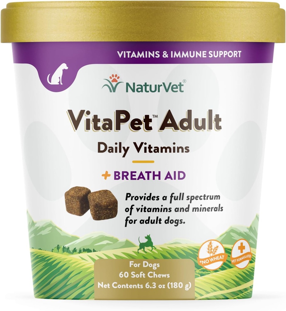 NaturVet VitaPet Voksen Daglige Vitamin Plus Åndedrætshjælp til voksne hunde, 60 ct bløde tykkelser, Lavet i USA med Globalt kilde ingredienser
