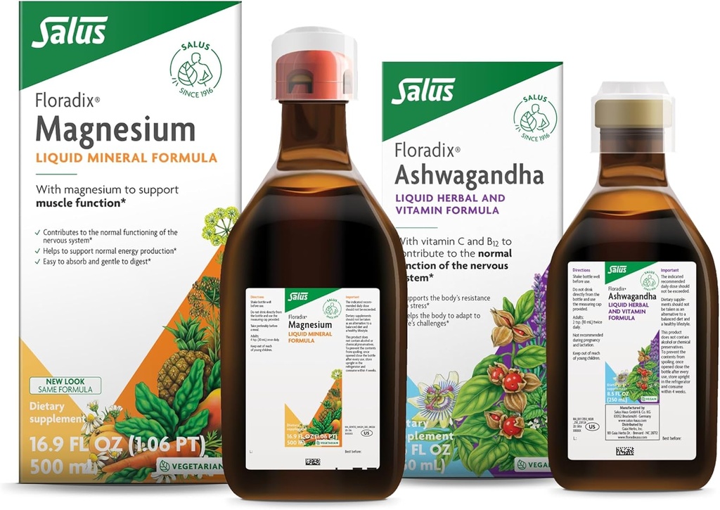 Floradix af Salus Magnesium (16.9 oz) & Ashwagandha Flydende (8.5 oz) Bundle - Magnesium til benstøtte, fordøjelsessygdomme & mere * - Ashwagandha, C-vitamin, B12-vitamin og mere til stress support *