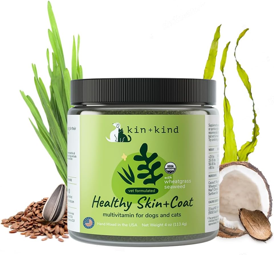 kin + kind Økologisk Multivitamin til hunde og katte - Pet Supplement for sund hud og kappe - Sikker, Naturlig Formel med Wheatgrass, Kelp, Tang og kokos - Made in USA - 4 oz (Medium)