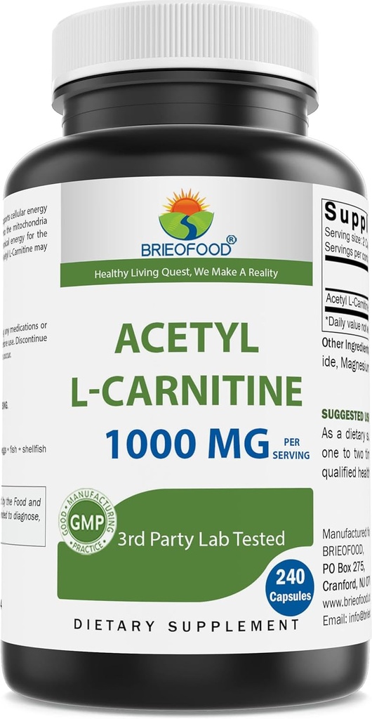 Brieofood Acetyl L- Carnitin 1000 mg per servering 240 kapsler. Glutenfri, ikke-GMO.