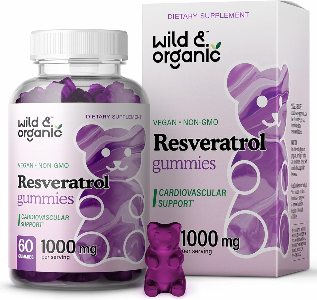 Wild & Organic Resveratrol Gummies 1000mg - Trans Resveratrol supplement til antioxidant, hjerne, immunforsvar - 60 Vegan, non-GMO antioxidant Gummies
