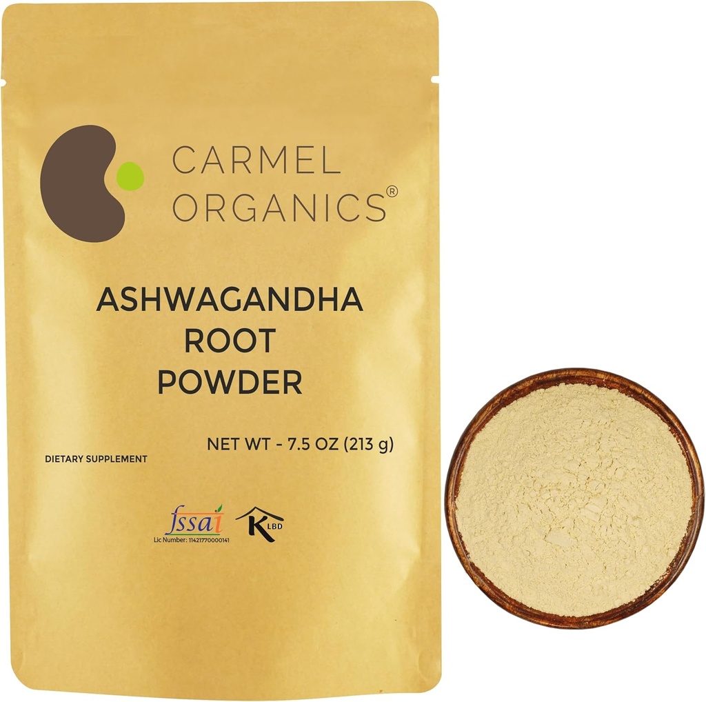 CARMEL ORGANICS Ashwagandha Root Powder 7,5 Ounce, Non GMO & Gluten Free, Natural, Withania Somnifera, No Added Preservatives, Direkte Sourced fra indiske landmænd