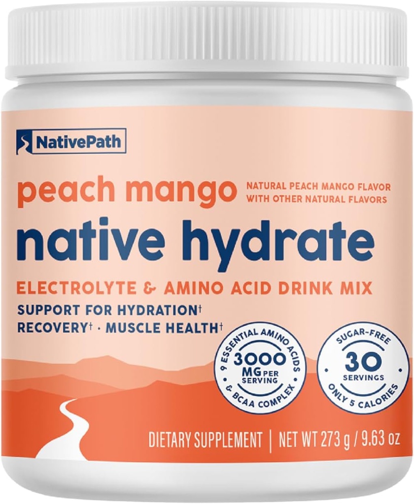 NativePath Native Hydrate, Zero Sugar, Electrolytes Powder med BCAAs, Peach Mango Hydration, Keto & Paleo Friendly, 30 Servere