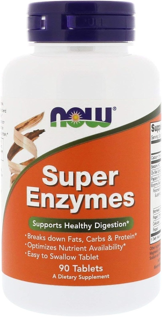 Now Foods Supplements, Super Enzymes, Formuleret med Bromelain, Ox Bile, Pancreatin og Papain, Super Enzymes, 90 tabletter