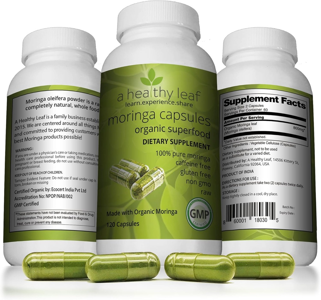 A Sund Leaf Organic Moringa Kapsler - Vibrant Green Buddy 124; Moringa Kapsler Organic 124; 100% Pure Moringa Leaf Kapsler Buddy 124; Energi & Immunsystemet Support