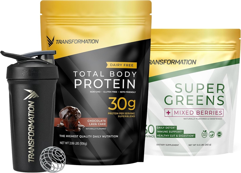 Transformation Chocolate Protein Powder, Super Greens Superfood Green Juice Powder og ydeevne Isoleret Shaker Flaske