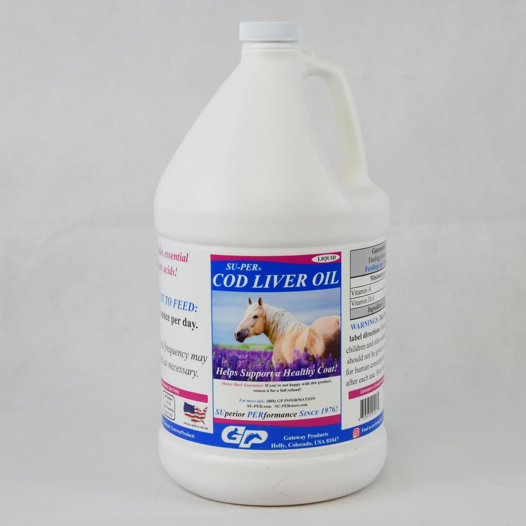 SU- PER Cod lever olie til heste - Horse Oil supplement med essentielle fedtsyrer, Omega 3, Vitaminer A & D - Understøtter sund Horse Coat & Hud - 1 Gallon, 4 Måned Supply