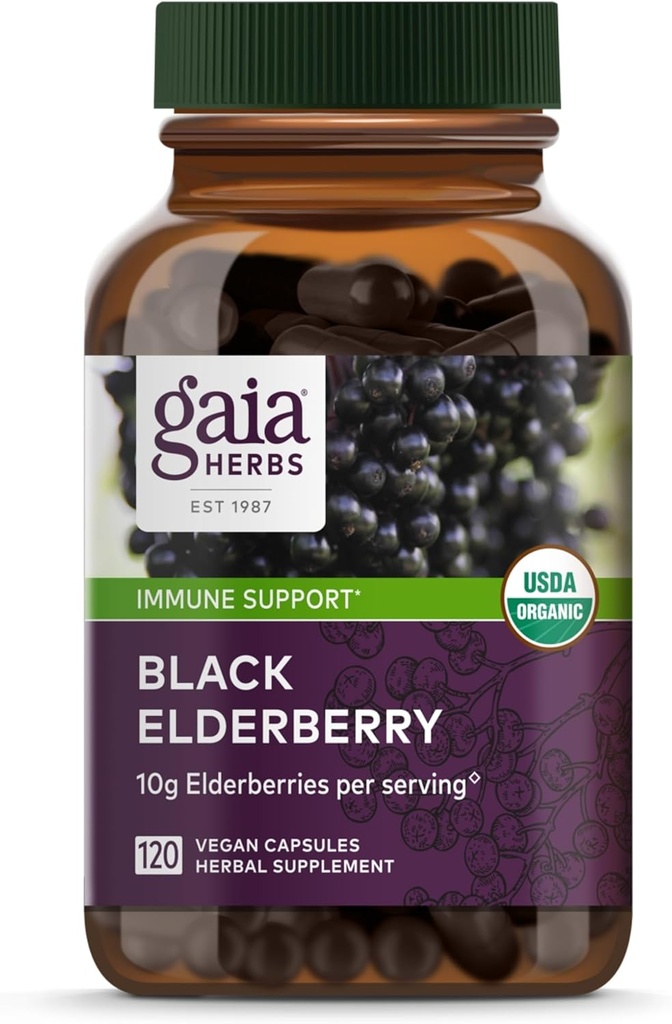 Gaia Urter Black Elderberry - Daglig immunforsvar Support til Hjælp Support Wellness - med Black Elderberries & Acerola Frugt til Antioxidant Support * - 120 Vegansk Kapsler (60- Day Supply)