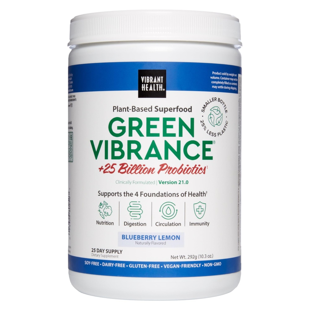 Vibrant Sundhed, Grøn Vibrance, Superfood pulver med 70 + Plant- baserede hele fødevarer & 25 Millioner Probiotika Per Servering, Blåbær Lemon, 25 Servere