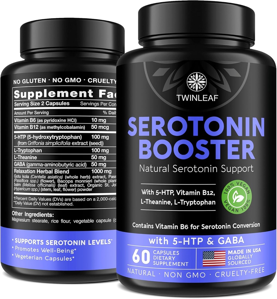 Natural Serotonin Supplement - Made in USA 5HTP Serotonin & Cortisol Manager - Serotonin Booster Vitamin Supplement for Women with 5-HTP, Vitamin B6, B12, GABA, L Theanine, L Tryptophan - 60 capsules