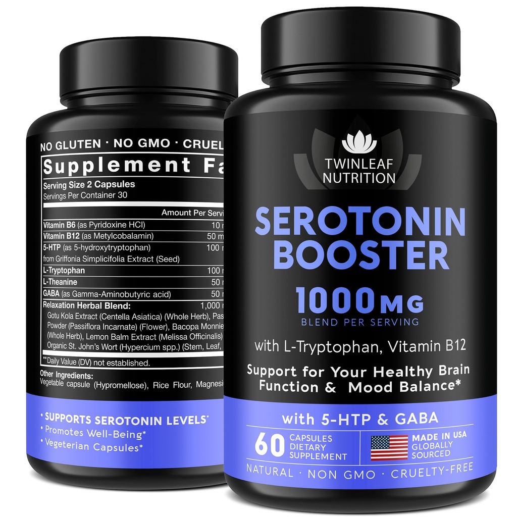 Naturlig serotonin supplement - Lavet i USA 5htp Serotonin & Cortisol Manager - Serotonin Booster Vitamin supplement til kvinder med 5-HTP, B6-vitamin, B12, GABA, L Theanin, L Tryptophan - 60 kapsler