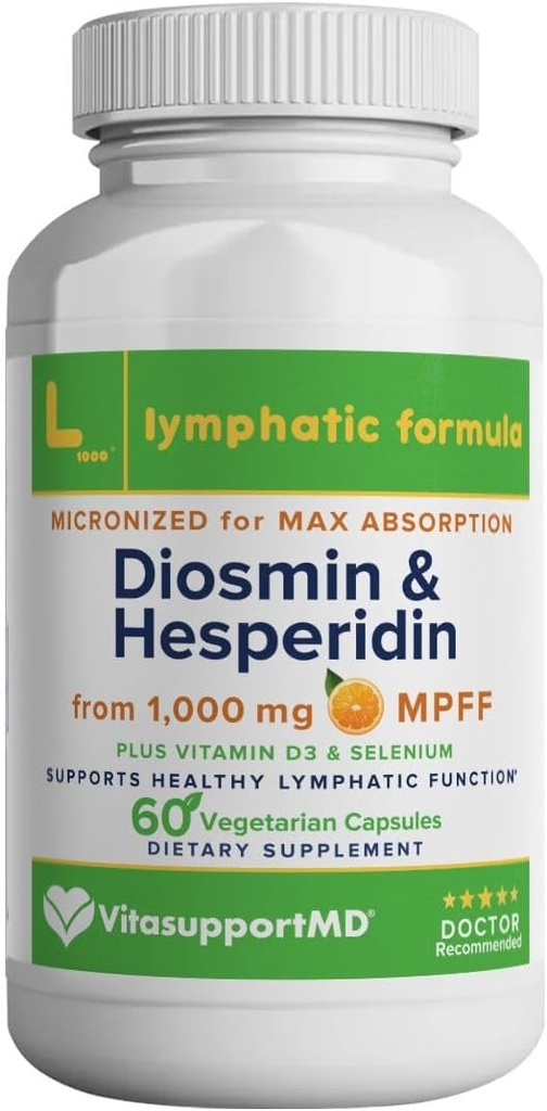 VITASUPORTMD Lymptory Formel, Diosmin Hesperidin 1000 mg, MPFF Lymporous Support, Lymph System Support, D3- vitamin og Seleniumtilskud, 60 kapsler