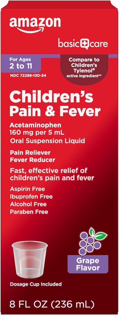 Basal Care Children 's Pain and Fever, Acetaminophen 160 mg per 5 ml oral suspension, Grape Flavor, 8 fl oz