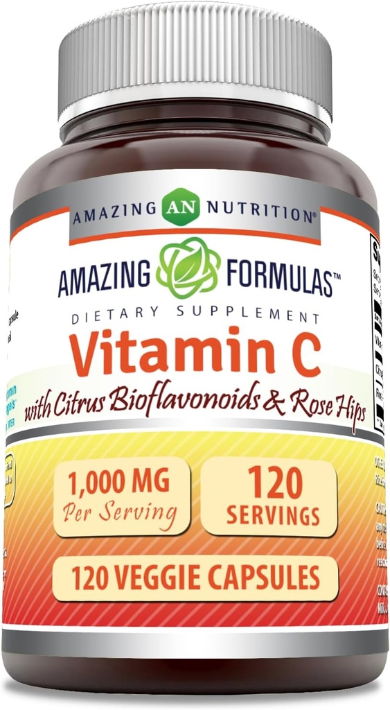 Amazing Formulas C-vitamin (Ascorbic Acid) 1000 Mg med Rose HIPS & Citrus Bioflavonoids ttesmå 124; Veggie Kapsler Supplements 124; Non- Gluten Free Medical 124; Lavet i USA (120 Tæl)