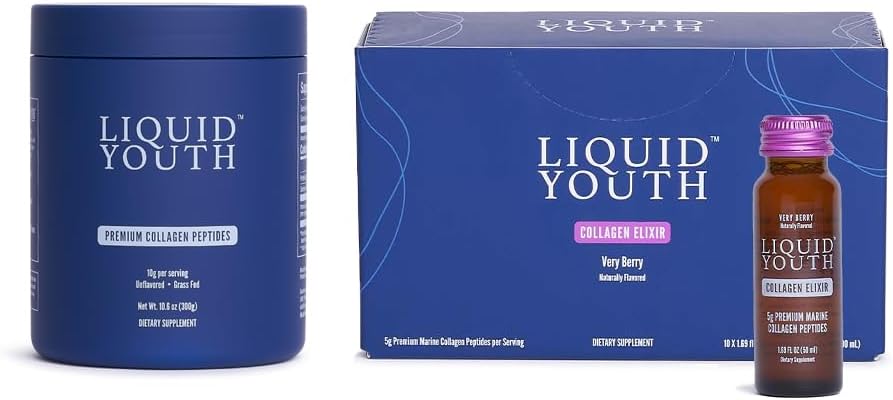 Collagen Peptides Powder & Very Berry Liquid Collagen Shots for Women & Men - Type I & III Premium Grass-fed Bovine & Marine Collagen - for Hair Growth, Skin, Nail, Bone & Joint Health (40 Servings)