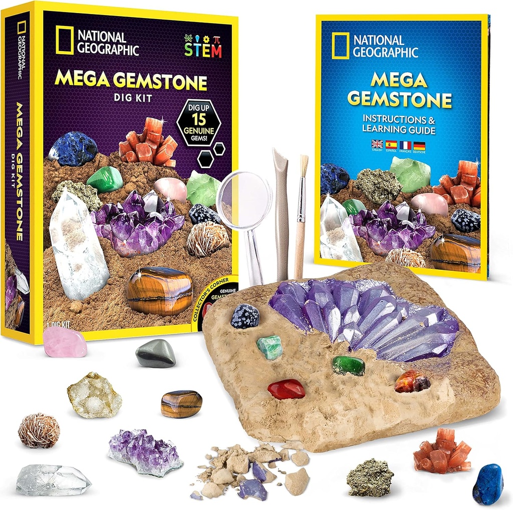 NATIONAL GEOGRAFISK Mega Gemstone Grav Kit - Grav op 15 Rigtige Gemstones og krystaller, Science Kit for Kids, Gem Gravning Kit, gave til piger og drenge, minegrej, Rock Collection