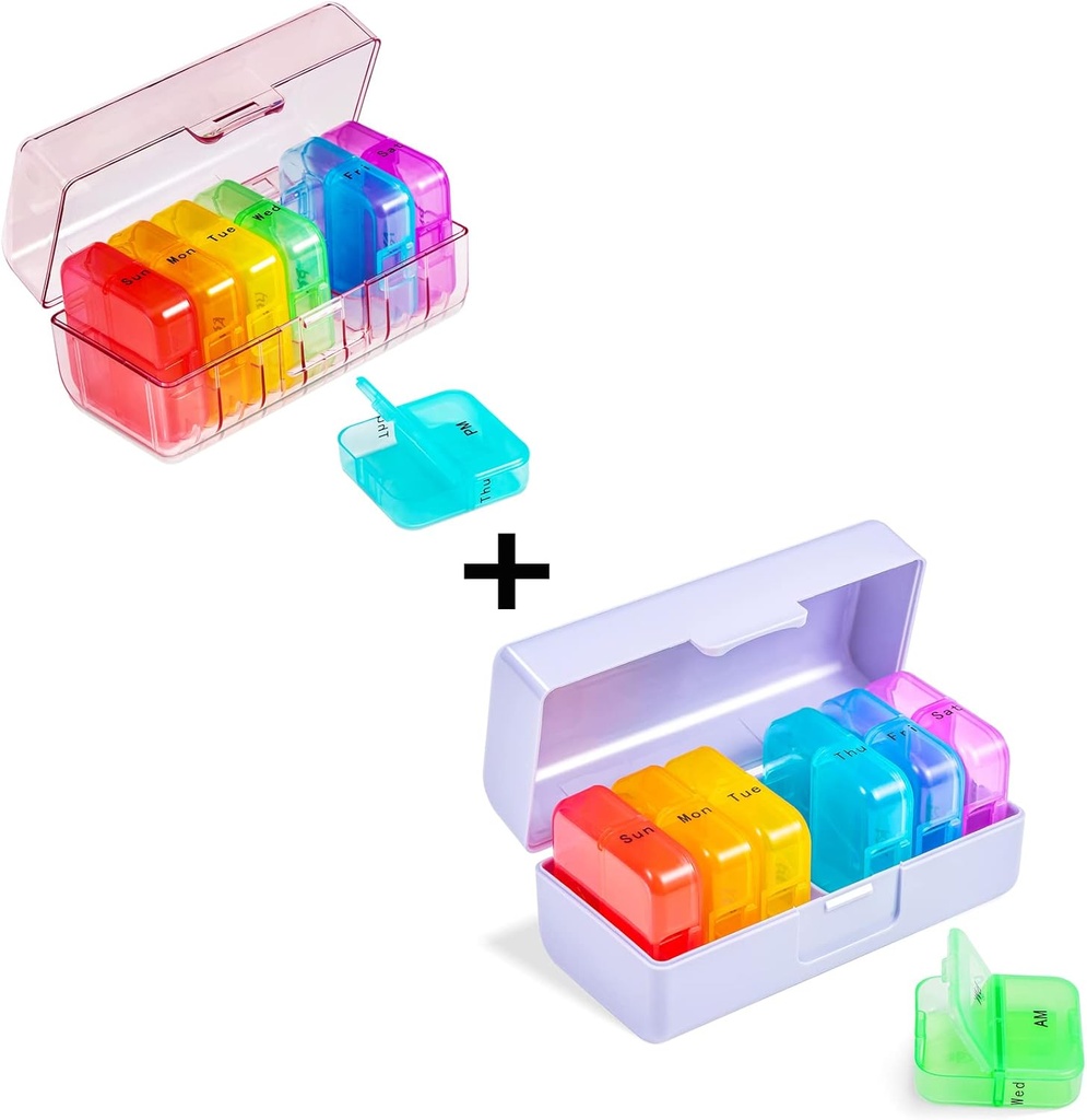 Zoksi Weekly Pill Organizer 2 gange om dagen, Rainbow 7 dag Am Pm Pill Box, Daily Am Pm Pill Organizer 7 dag, Bærbar Vitamin Pill Case, Weekly Pill Box for Fish Oils, Vitamin, Supplement (2 Pack)