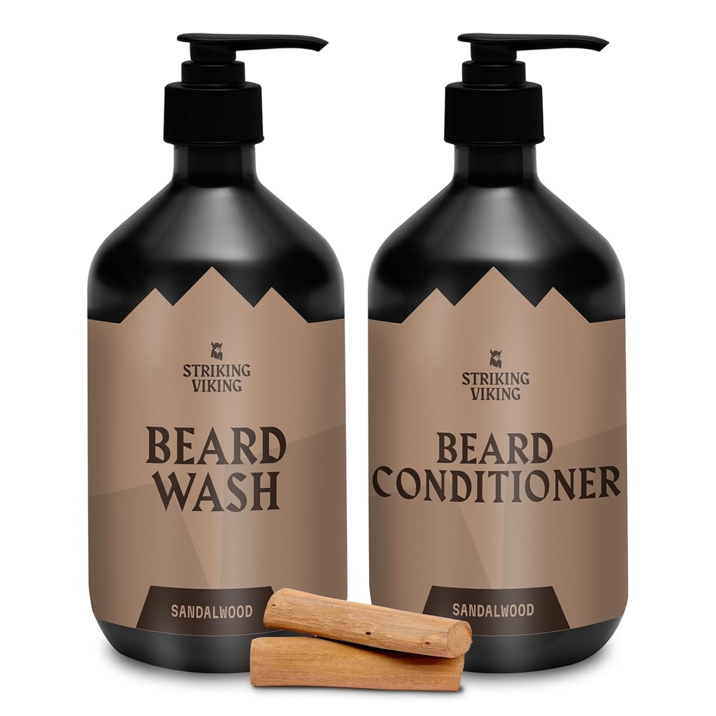 Striking Viking Beard Care Set (Sandalwood) - Paraben & Sulfate Free Shampoo med Jojoba Oil - Deep Clean for All Beard Types (10oz Per flaske)