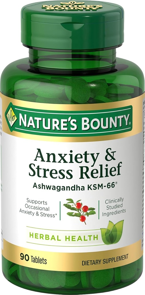 Naturens Bounty Stress Relief, Ashwagandha KSM- 66, Understøtter Occasional Stress Relief, Kosttilskud, 2 tabletter om dagen, Vegetariske tabletter, Gluten Free, 90 Ct