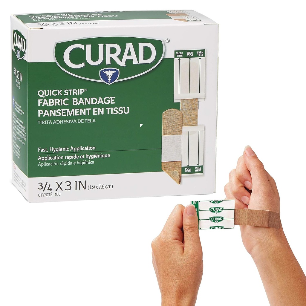 CURAD Quick Strip Fabric Adhesive Steril Bandages med hurtig ansøgning, 3 / 4 "x 3", Box med 100