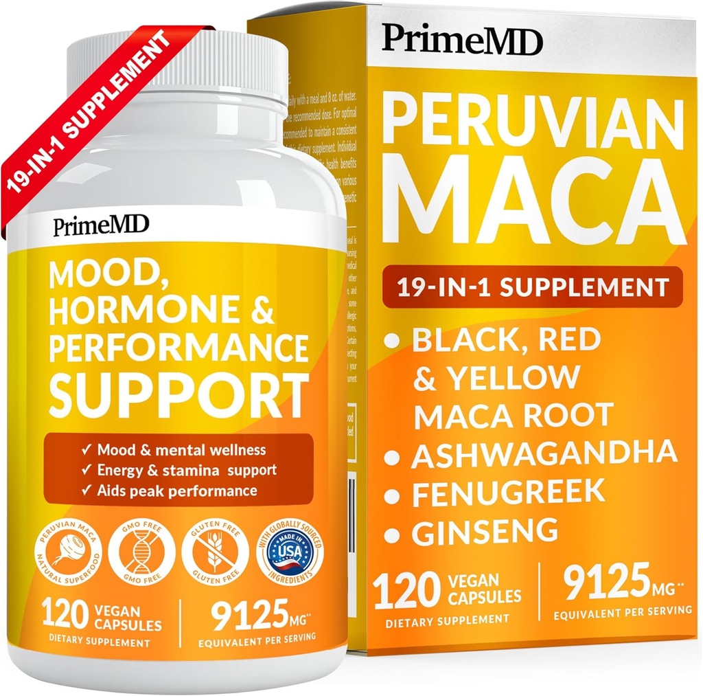 PrimemMD 19- in-1 Peruvian Maca Root Capsules - 9125 mg Ashwagandha Kosttilskud med Maca Fenugreek og Ginseng til Mood, Hormone & Performance Support (120 Kapsler)