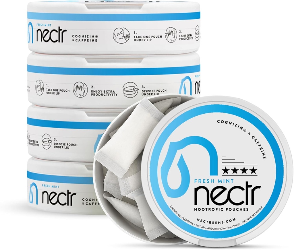 Nectr Energy Nootropic Pouches – Fresh Mint Flavored, Caffeine Pouches with Cognizin® Citicoline. Nicotine-Free Sugar-Free Brain Treats. Smooth, Sustained Focus & Energy Supplement - 5 Pucks of 16pcs