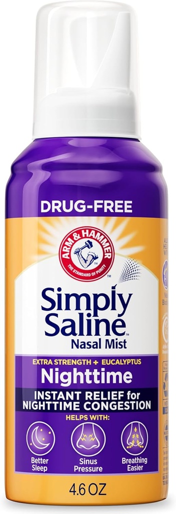 ARM & HAMMER Simply Saline Nighttime Drug- Free Mist for Nasal Congestion om natten, Ekstra Styrke, Calming Eucalyptus, Sikker at bruge med Rx og OTC, For voksne og børn alder 2 +, 4.6 oz (129 g)