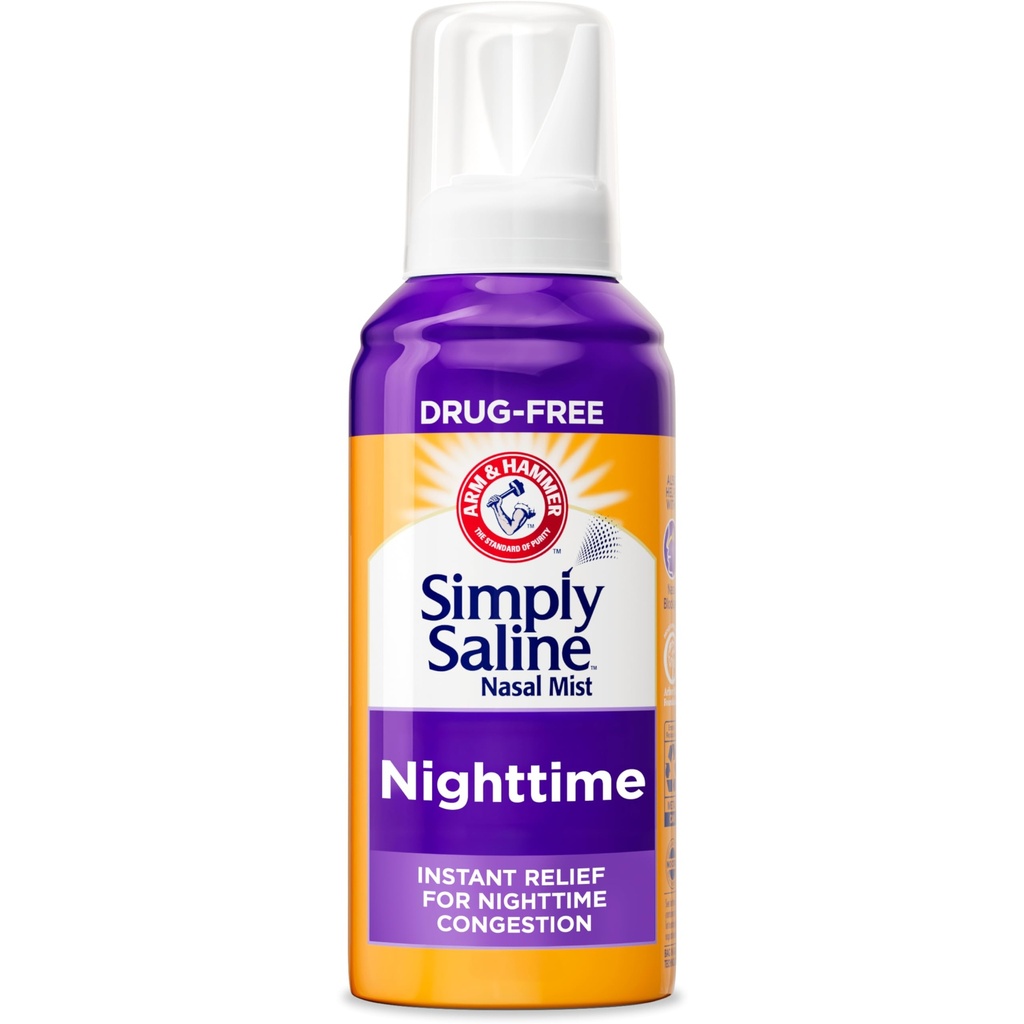 ARM & HAMMER Simply Saline Nighttime Drug- Free Mist for Nasal Congestion om natten, Ekstra Styrke, Calming Eucalyptus, Sikker at bruge med Rx og OTC, For voksne og børn alder 2 +, 4.6 oz (129 g)