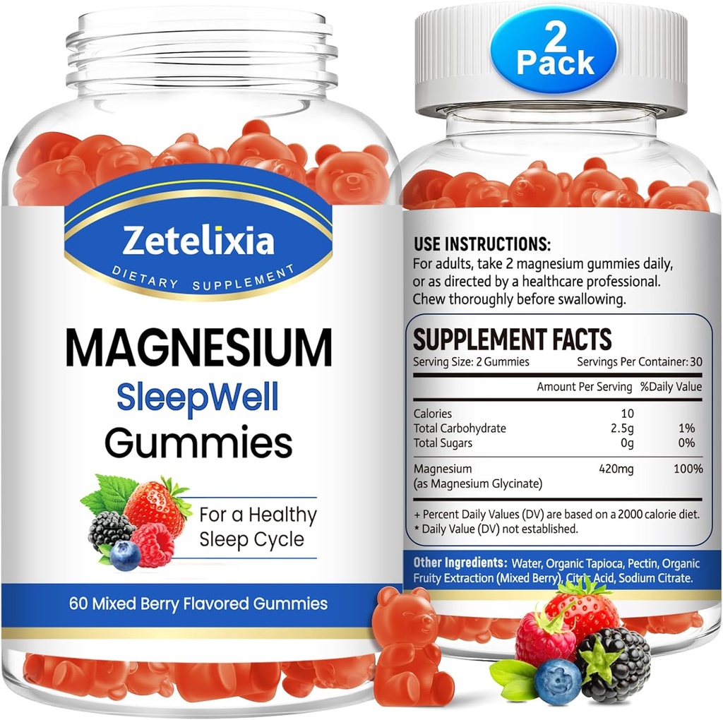 Magnesium Glycinat Gummies, høj absorption Magnesium supplement til voksne børn, afslapning, hjerne, muskel & ben støtte, melatonin fri, sukker fri, blandet berry flavor, 120 Cts