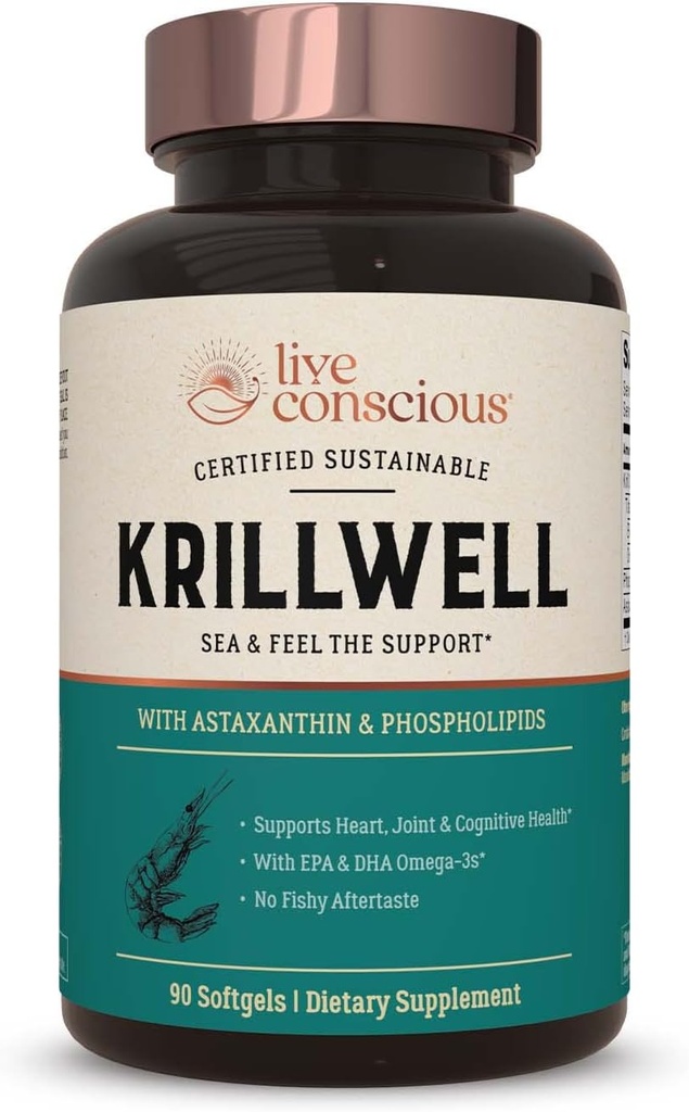 Live Bevidsthed Krillwell, Joint, og kognitiv support; Certificeret Sustainable Krill Oil 2X mere effektiv end fiskeolie - 30 dages forsyning