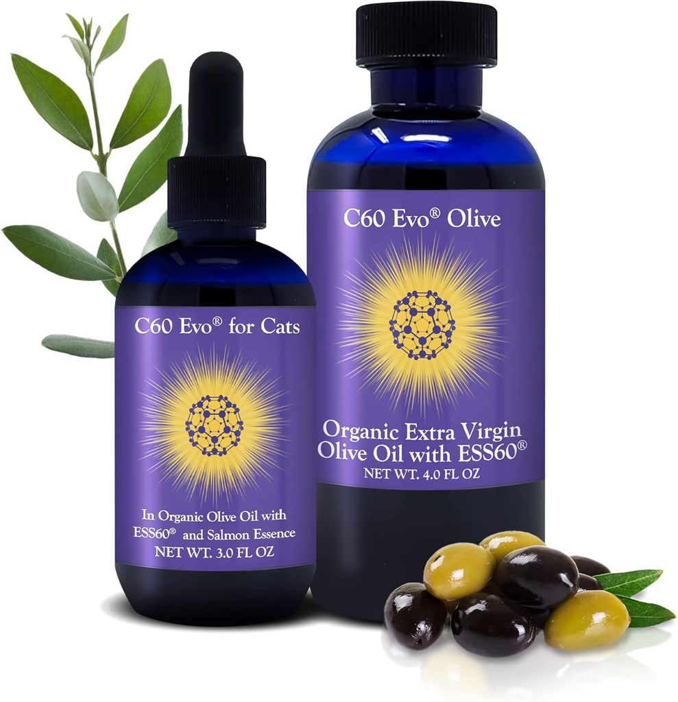 C60 Evo Cat Lover Set, 2 Flasker af Pure ESS60 i Ekstra Jomfru Olivenolie, 1 for Mennesker og 1 for Felines, Kat Kosttilskud Infunderet med Natural Salmon Essence, Must-Have Pet Supplies og Kat Produkter