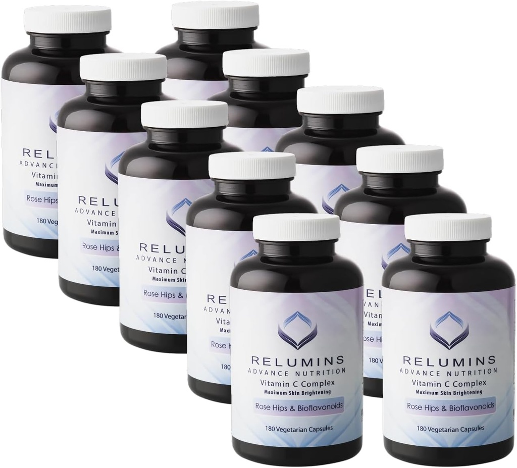 Reluminer Avanceret C-vitamin tillæg med Rose HIPS - 1000 mg C-vitamin, immunforsvar & kollagen produktion, Lavet i USA - 180 kapsler x 10 flasker