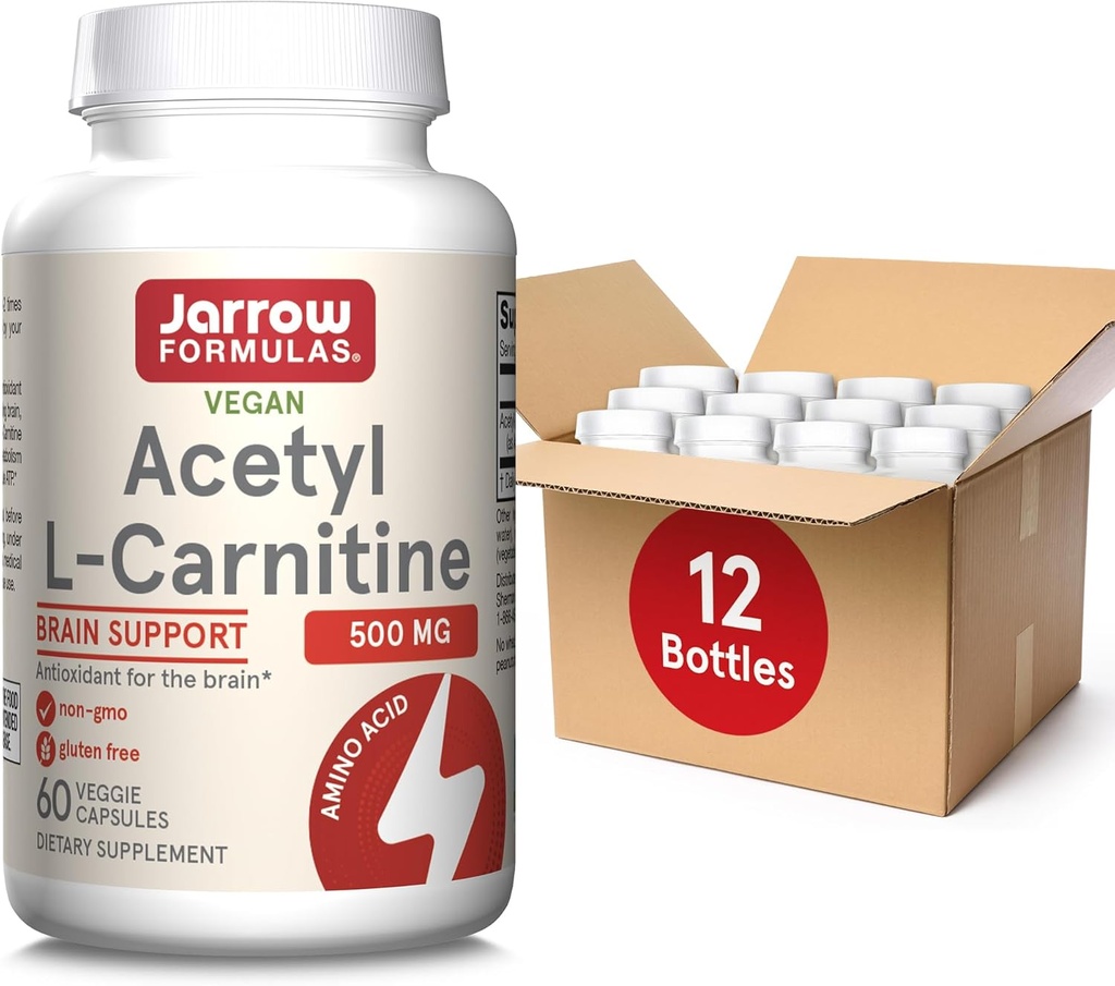 Jarrow Formulas Acetyl L- Carnitin 500 mg, Kosttilskud, Aminosyretilskud til hjernesundhed og antioxidanter, 60 Veggie kapsler, 60 dages forsyning (pakke med 12)