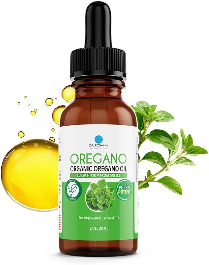 Dr. Robaina Organic Oil of Oregano Drops 87% Carvacrol - Wild Greek Oregano (Hirtum) Cold- presset i EVOO - 432 Serveringer - Immun & fordøjelsesstøtte - Alkohol- fri, Vegan, Non- GMO