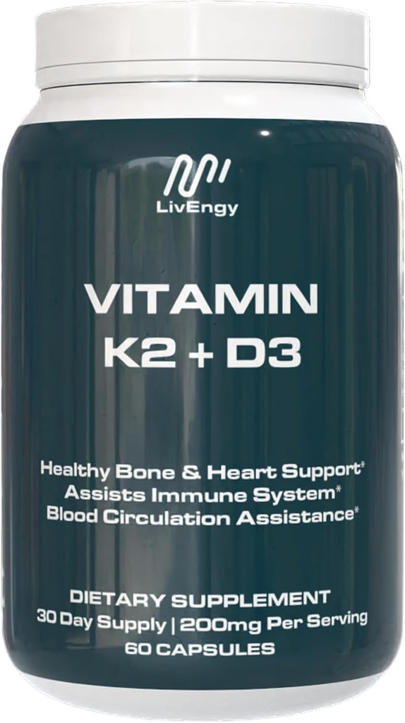 Vitamin K2 D3 Supplement - høj-potens - understøtter ben, hjerte, immunforsvar - ikke-GMO, Gluten- fri, vegetar - 60 kapsler (60 Servere) - Premium kvalitet K2 + D3 Formel
