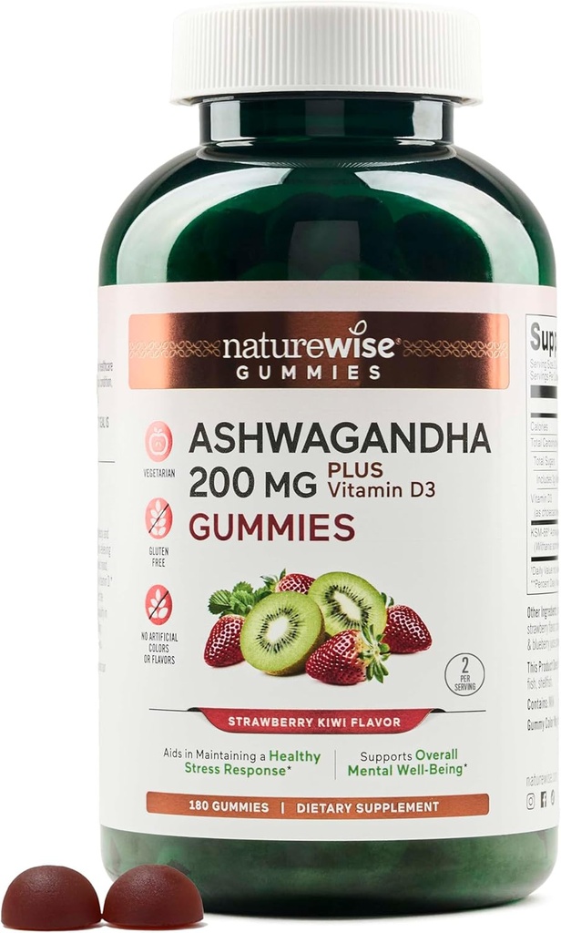 NatureWise Ashwagandha Gummies - Strawberry Kiwi - KSM- 66 med D3-vitamin - Calming Mood Support - Vegetar - Non- GMO, Gelatine og Gluten Free - 180 greve [3-måned Tilgang]