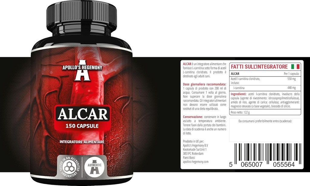 APOLLO 'S HEGEMONY Acetyl L- Carnitin HCL 550 mg, ALLAR 150 Vegan Kapsler, 5 Måneder Supply, High Strength Aminosyre supplement, Understøtter kognitive funktioner og energiniveauer