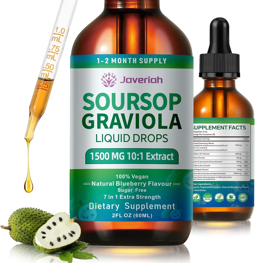 Soursop Graviola Liquid Drops Supplement med Sea Moss Extract, Soursop Bitters Liquid til Cell Support & Regeneration, Immunitet, Lever, Antioxidant, Graviola Leaves Extract 2 Måned Supply 60ML